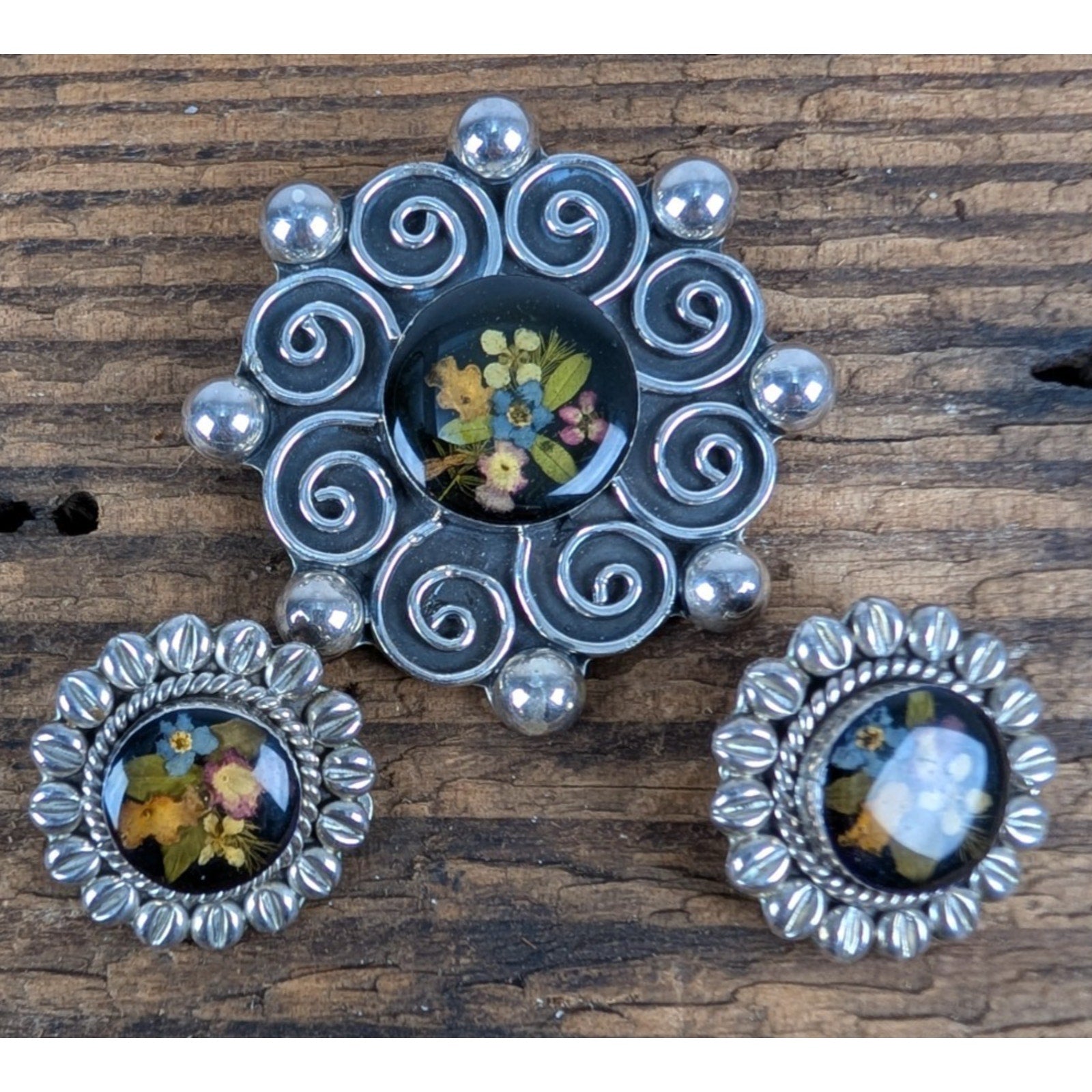 Vintage Taxco Dried Flower Sterling Silver 925 Pendant and Earring Set