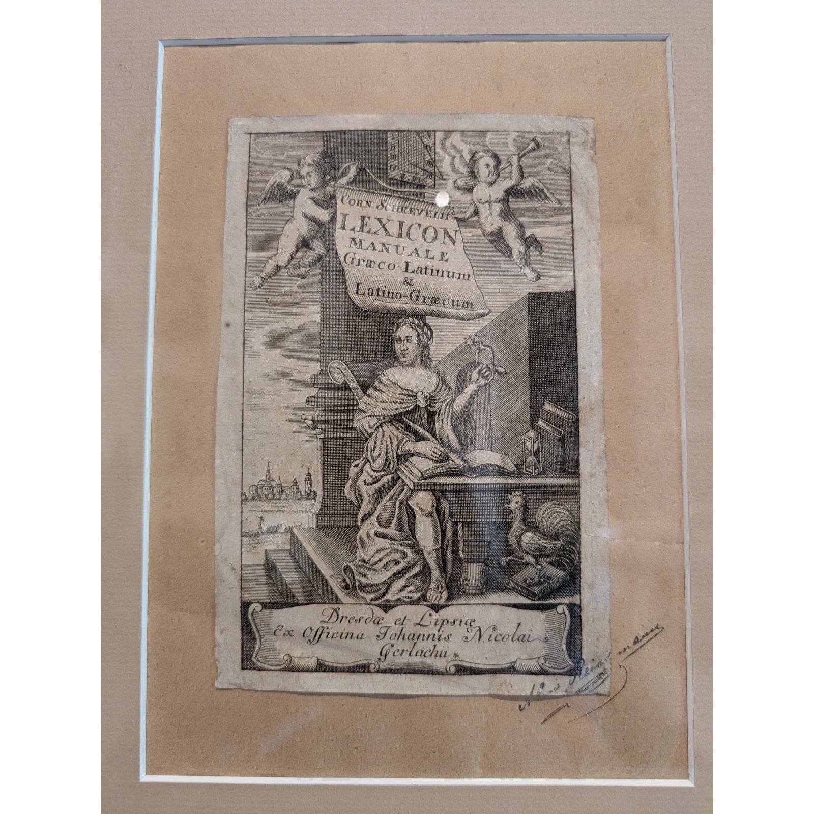 1670 Cornelius Schrevelius Lexicon Manuale Title Page Signed and Framed
