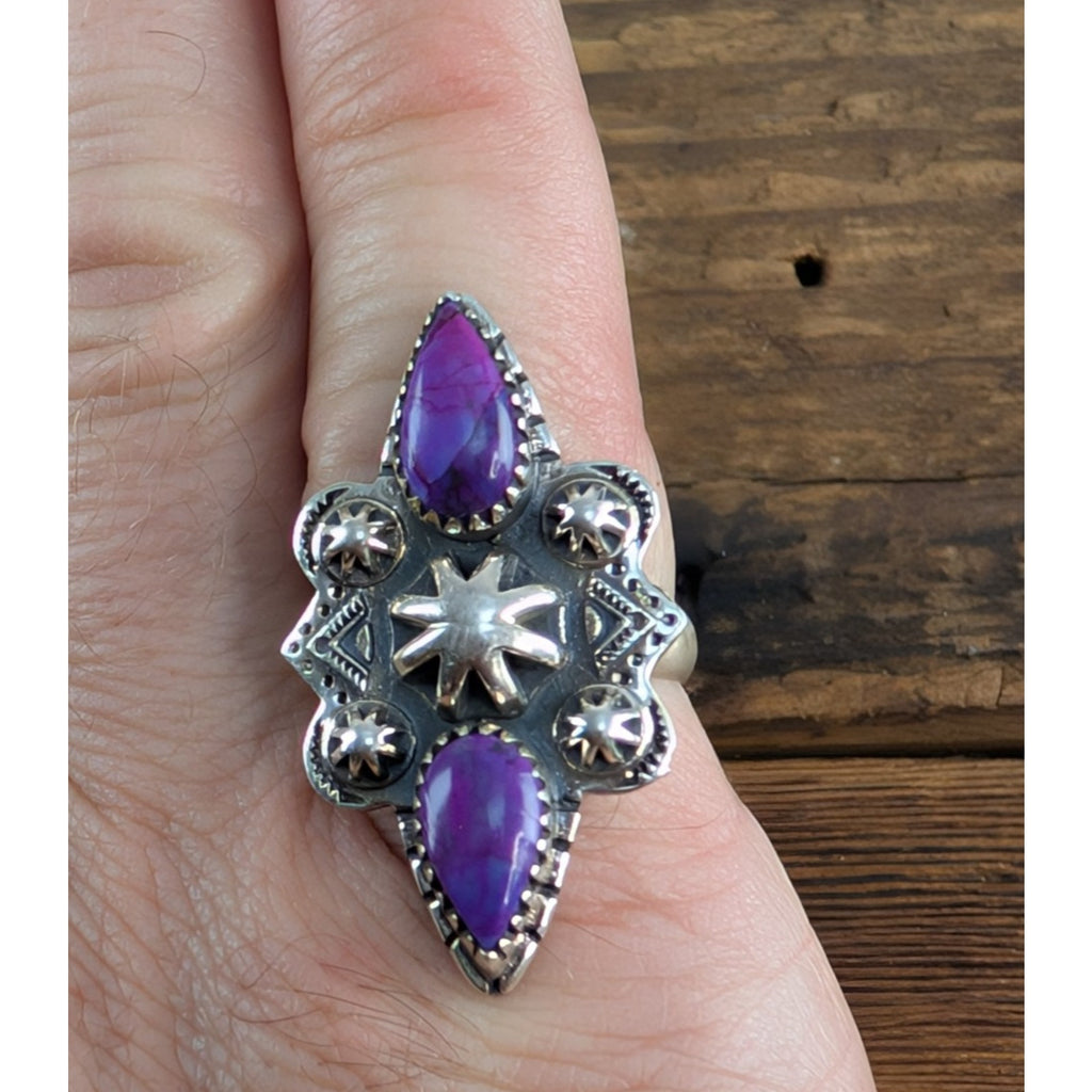 Purple Mohave Turquoise Stamped Sterling Silver 925 Adjustable Ring Size 6 to 11