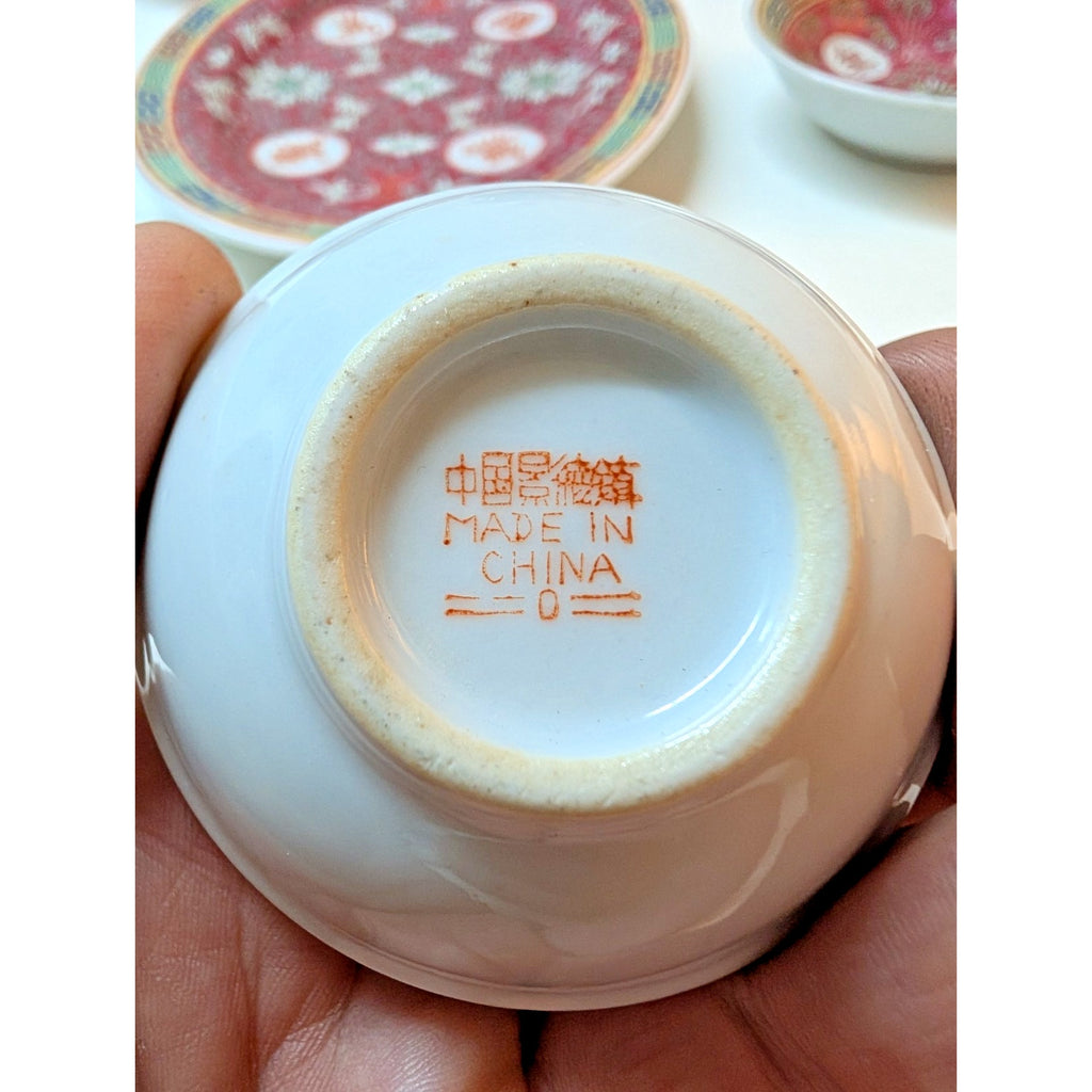 Chinese Famille Rose Mun Shou Porcelain Longevity 7 Piece Vanity Set MCM