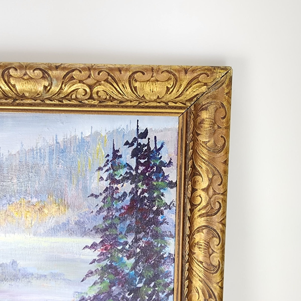 Impressionist Winter Landscape Scene Acrylic on Panel in Gilded Frame Unsigned