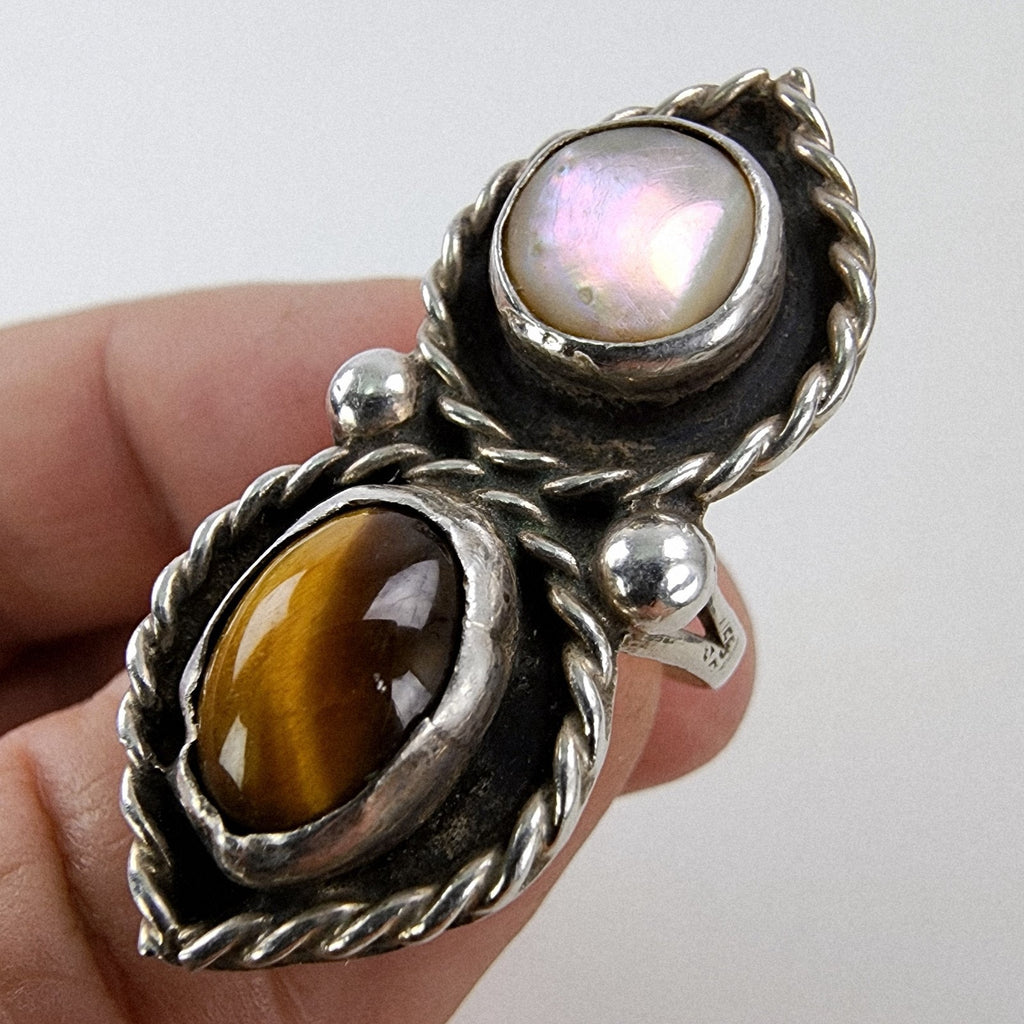 Tigers Eye Mother of Pearl Mexico Ring Size 7 3/4 Sterling Silver 925 Vintage