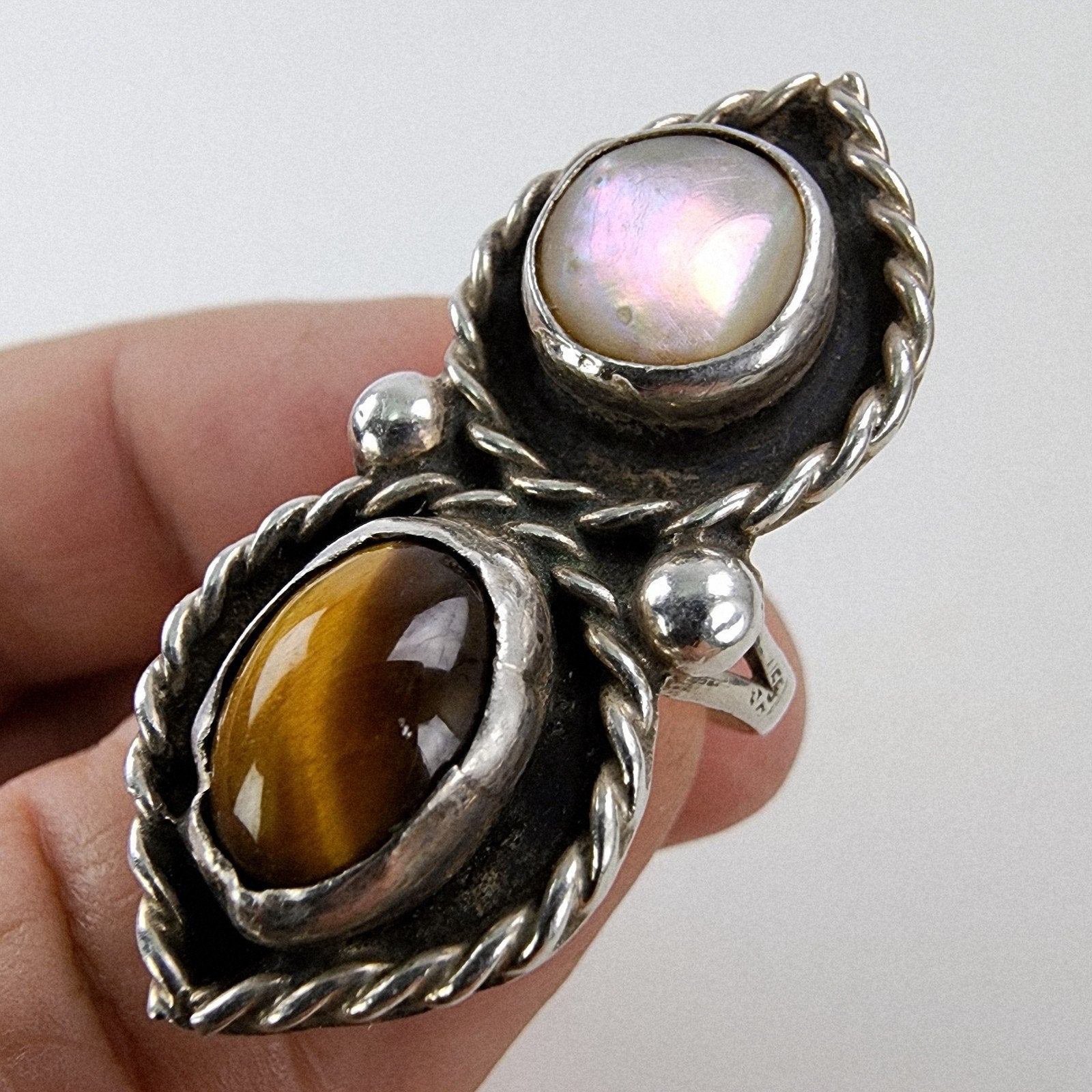 Tigers Eye Mother of Pearl Mexico Ring Size 7 3/4 Sterling Silver 925 Vintage
