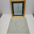 1945 Pair of PinUp Charcoal Pencil Sketches Female Figure Portrait Gold Frame