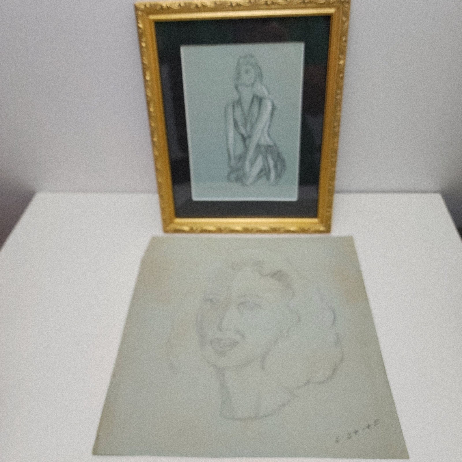 1945 Pair of PinUp Charcoal Pencil Sketches Female Figure Portrait Gold Frame