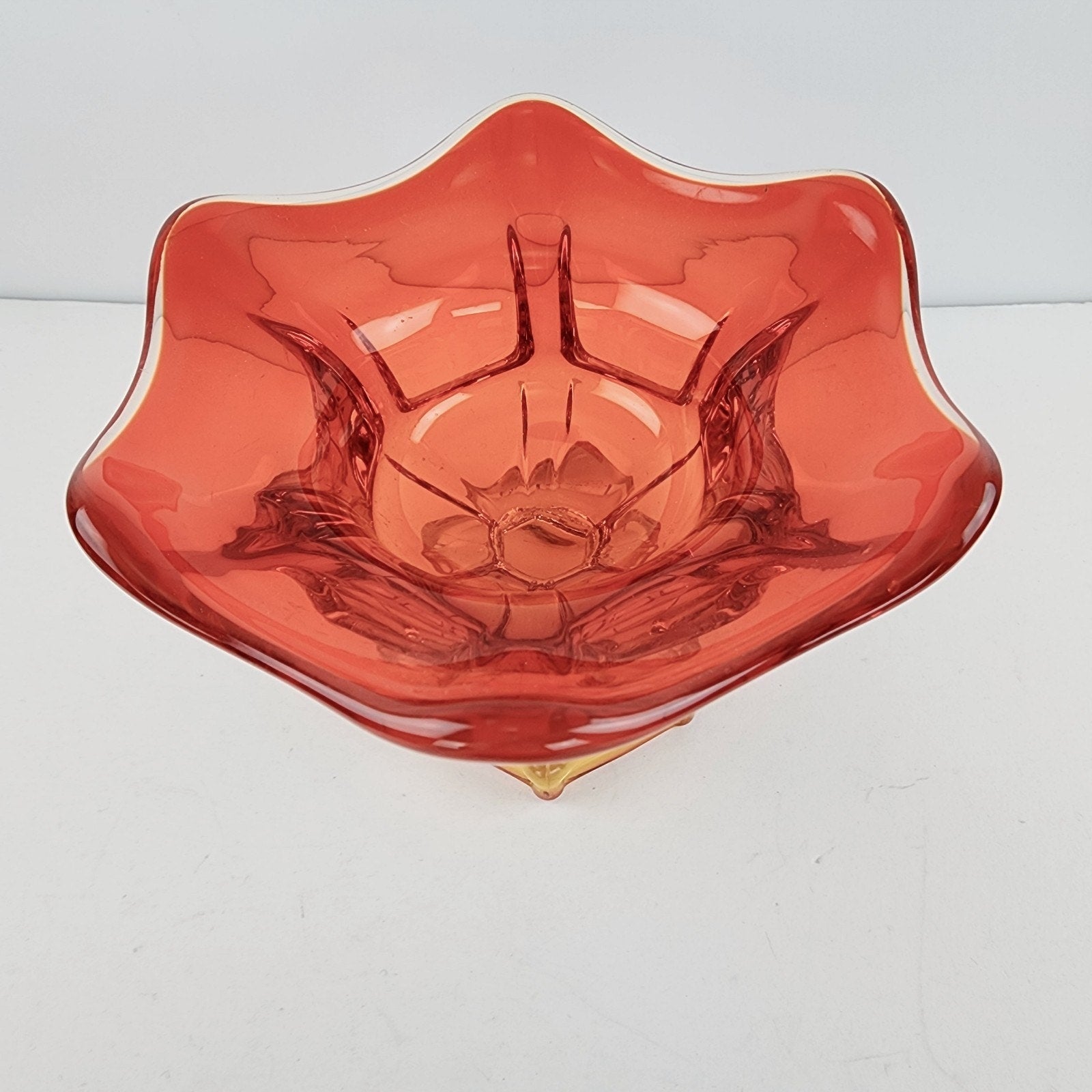 Viking Glass Epic Six Petal Amberina Flame Pedestal Bowl UV Vaseline Glass