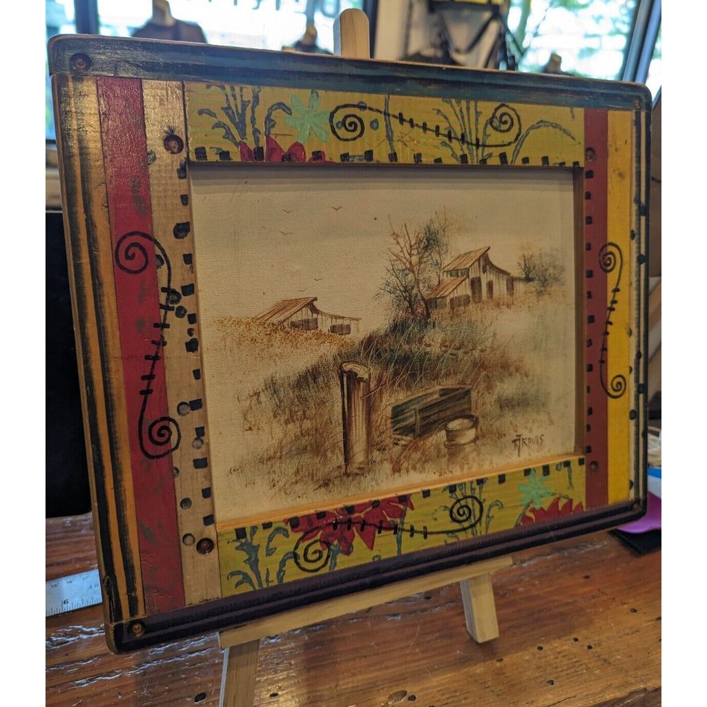 Farm Barn Scene Painting Acrylic on Panel Whimsical Frame MCM