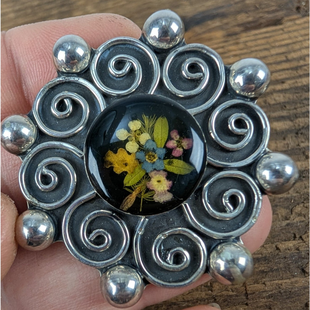 Vintage Taxco Dried Flower Sterling Silver 925 Pendant and Earring Set