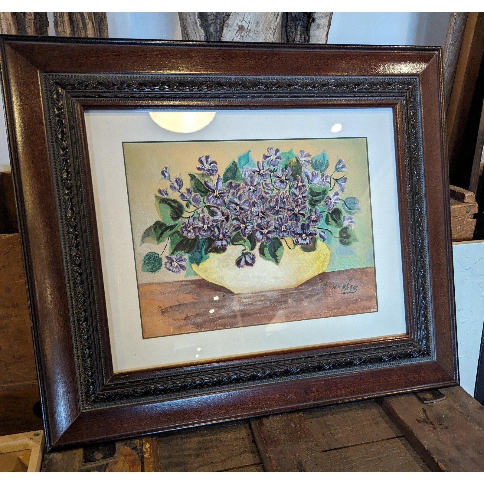 Framed Still Life Flowers Painting by E Hughes MCM Artwork