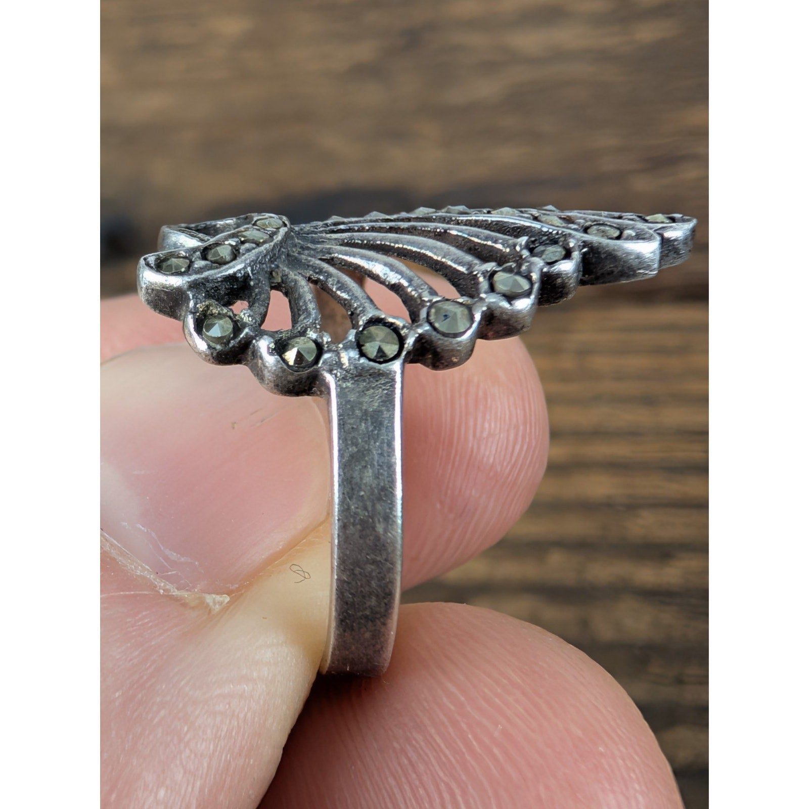 Vintage Marcasite Butterfly Wing Sterling Silver 925 Ring Size 6