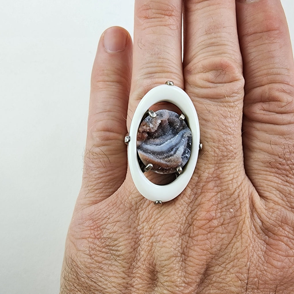 Modernist Jadeite Banded Halo Druzy Ring Size 11 1/2 Sterling Silver 925 Vintage