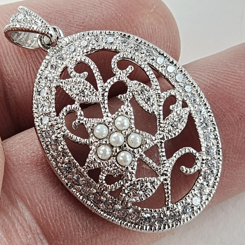 Diamond & Seed Pearl Pendant Sterling Silver 925 Vintage