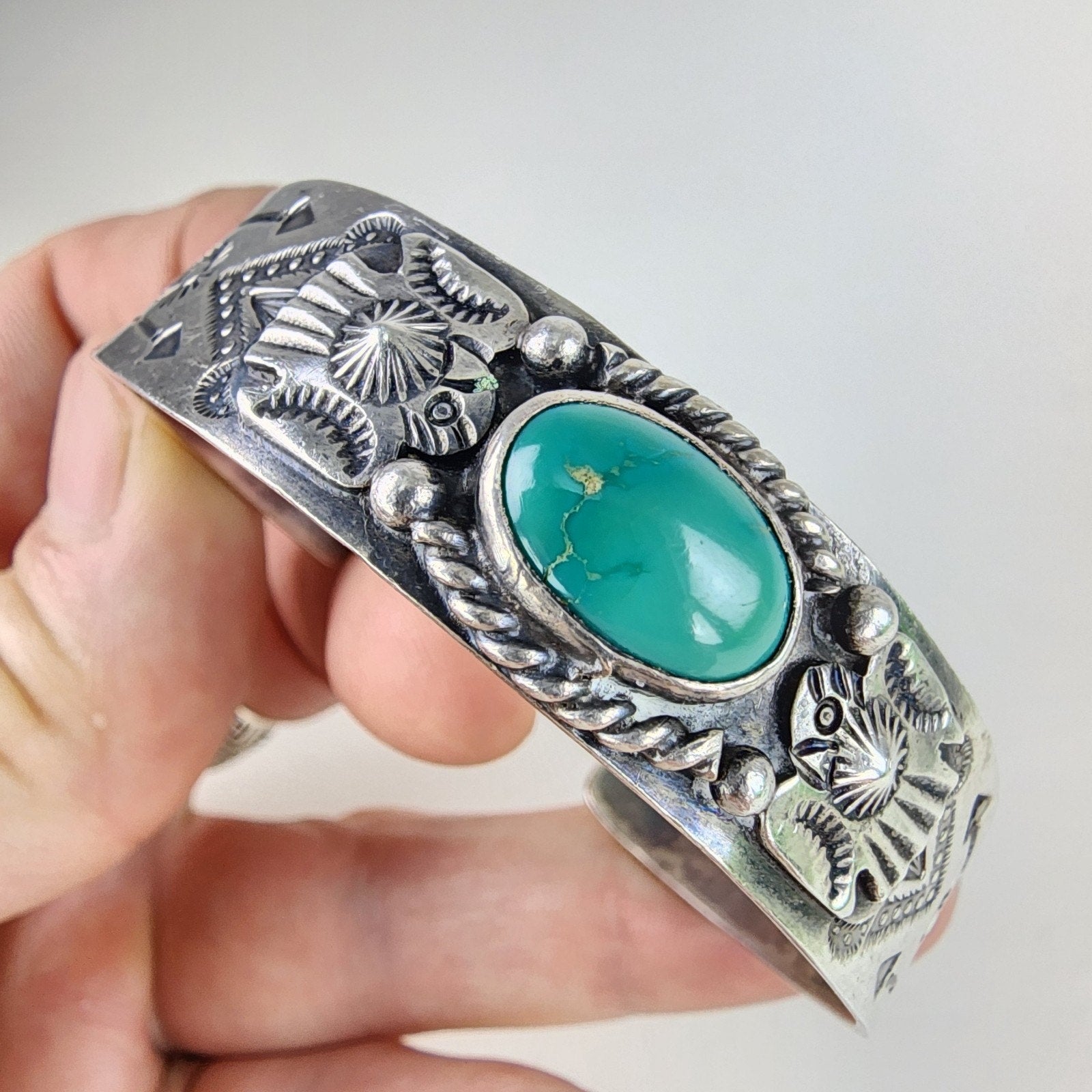 6 1/2" Fred Harvey Era Eagle Turquoise Sterling Silver 925 Cuff Bracelet Native