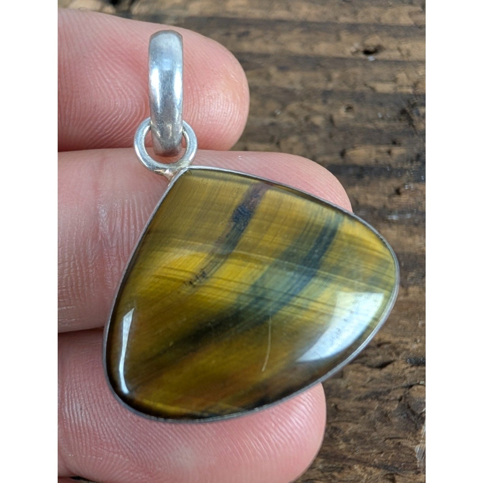 Vintage Tigers Eye Sterling Silver 925 Triangular Pendant