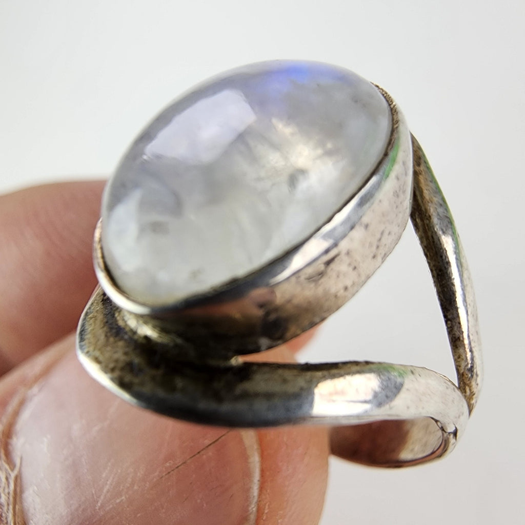 Modernist Rainbow Moonstone Cabochon Ring Size 8 Sterling Silver 925 Vintage