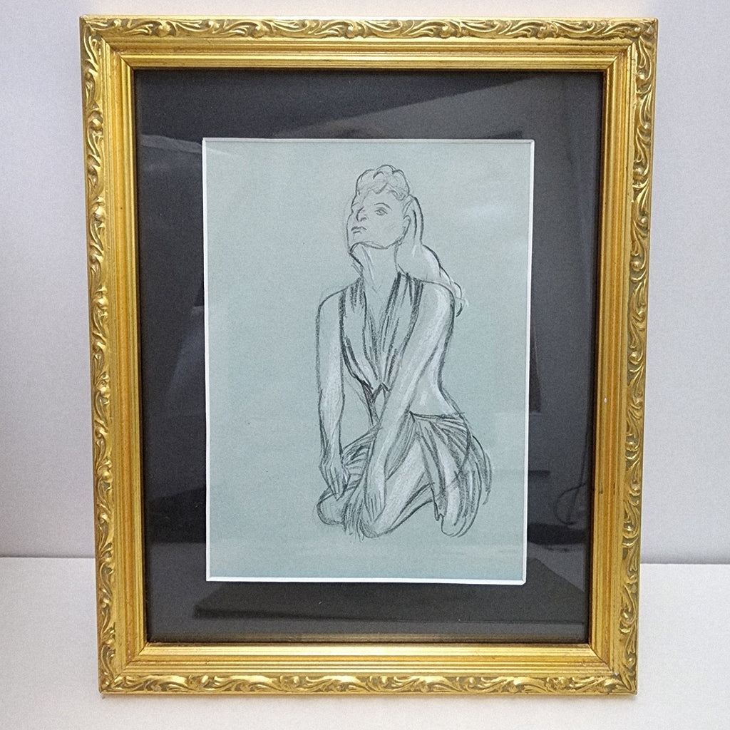 1945 Pair of PinUp Charcoal Pencil Sketches Female Figure Portrait Gold Frame