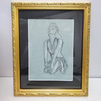 1945 Pair of PinUp Charcoal Pencil Sketches Female Figure Portrait Gold Frame