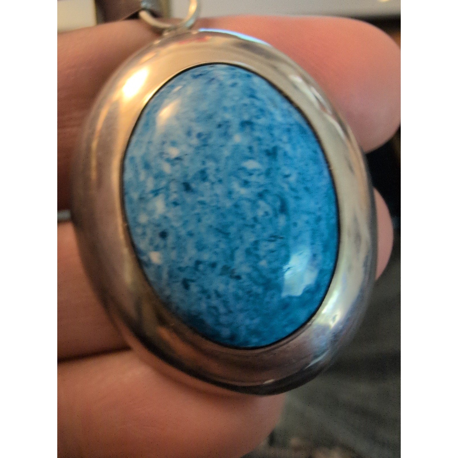 Modernist Mexico Oval Blue Agate Cabochon Sterling Silver 925 Pendant