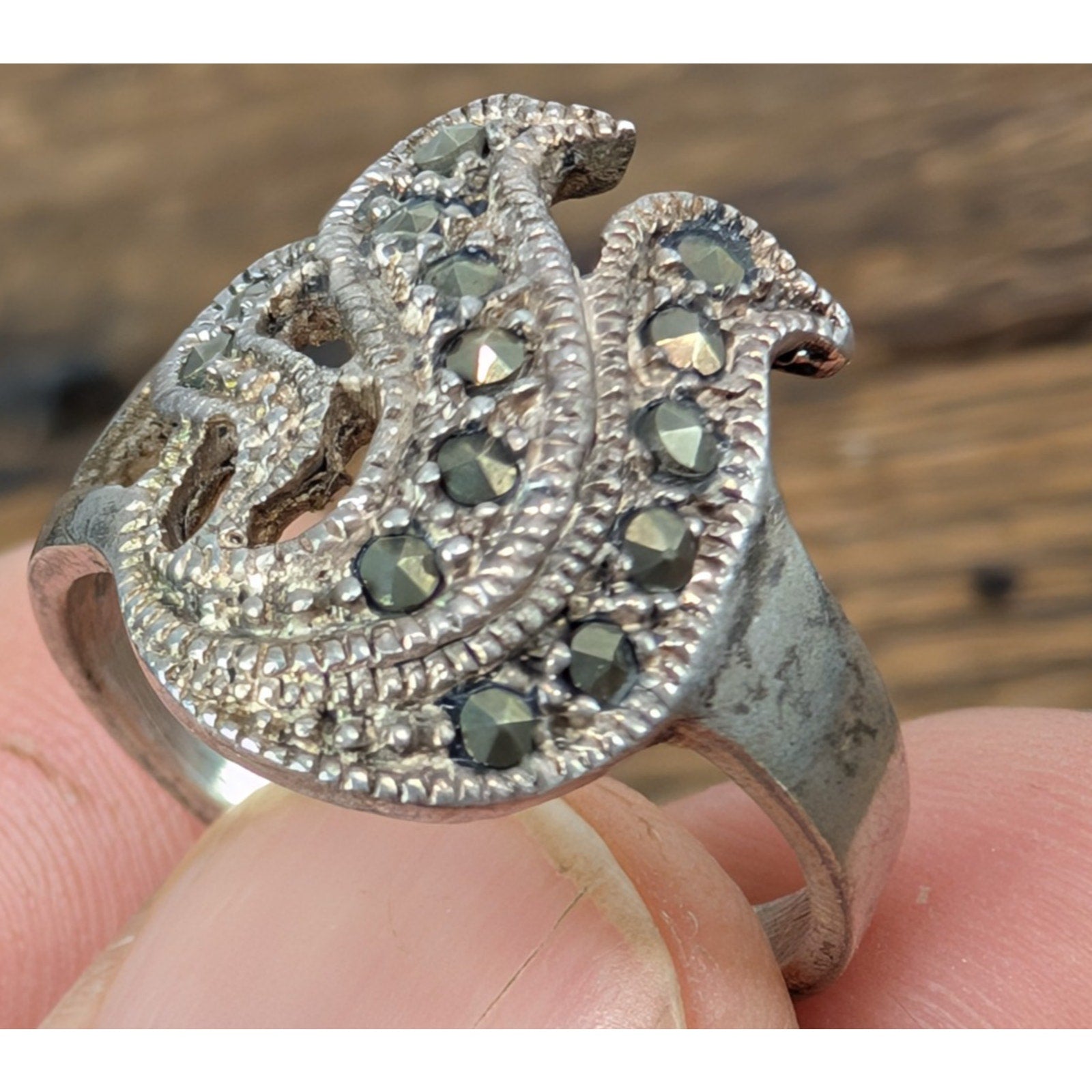 Vintage Peacock Marcasite Sterling Silver 925 Ring Size 9