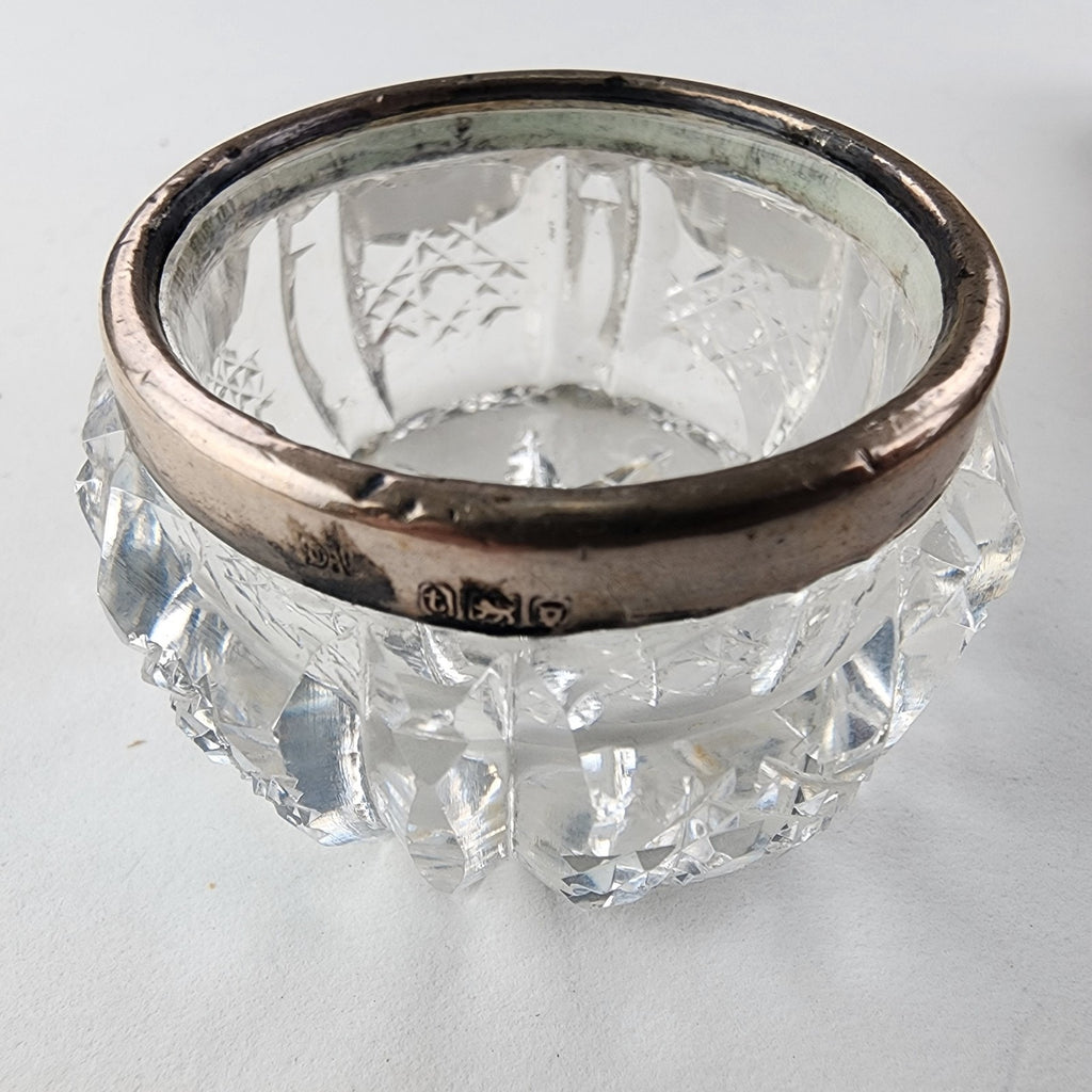 Cut Glass Salt Cellar Sterling Silver 925 Rim Marked 1914 London Antique