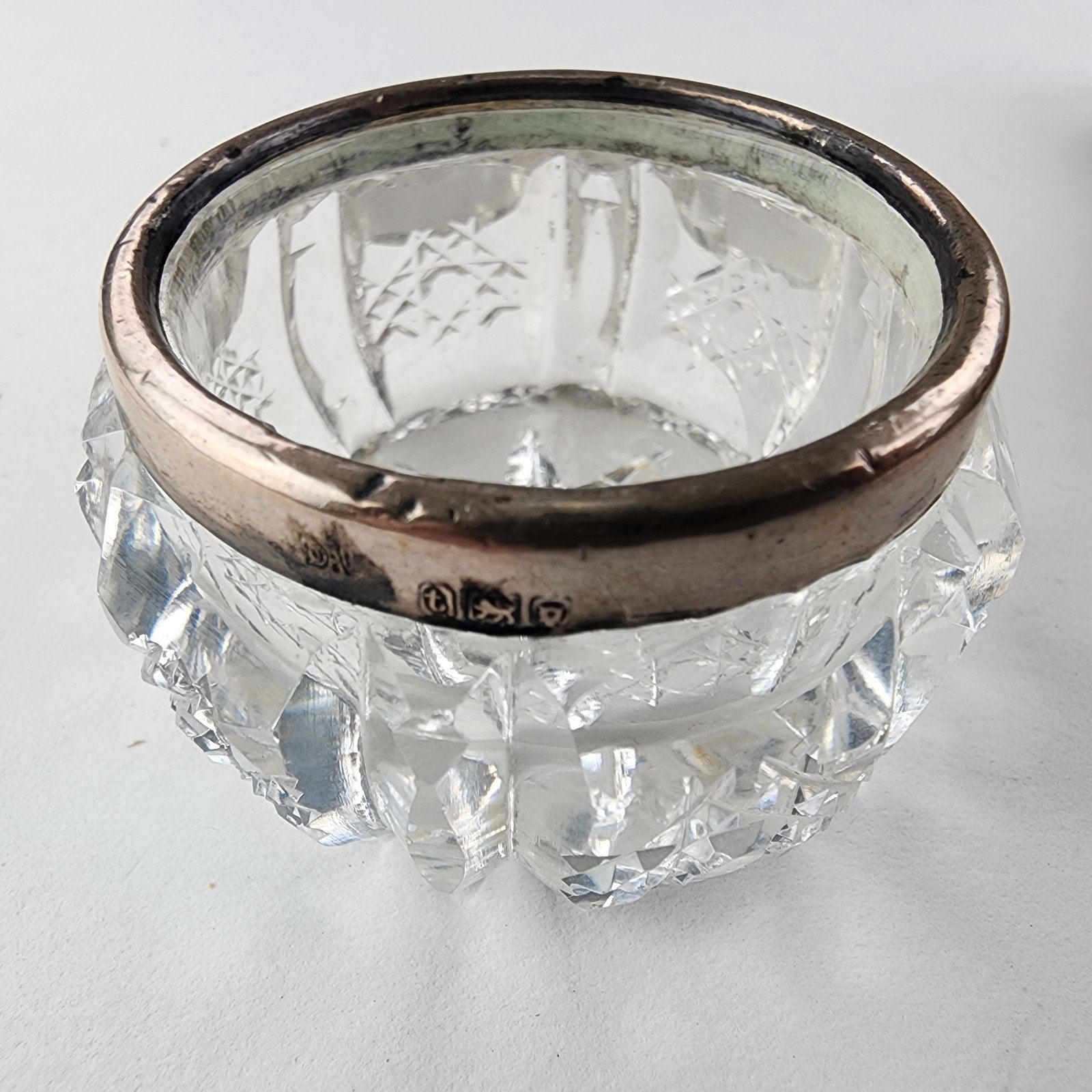 Cut Glass Salt Cellar Sterling Silver 925 Rim Marked 1914 London Antique