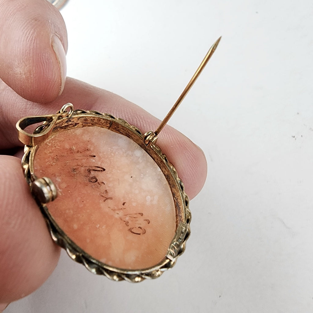 Carved Shell Cameo Pendant Brooch Sterling Silver 925 with Gold Finish