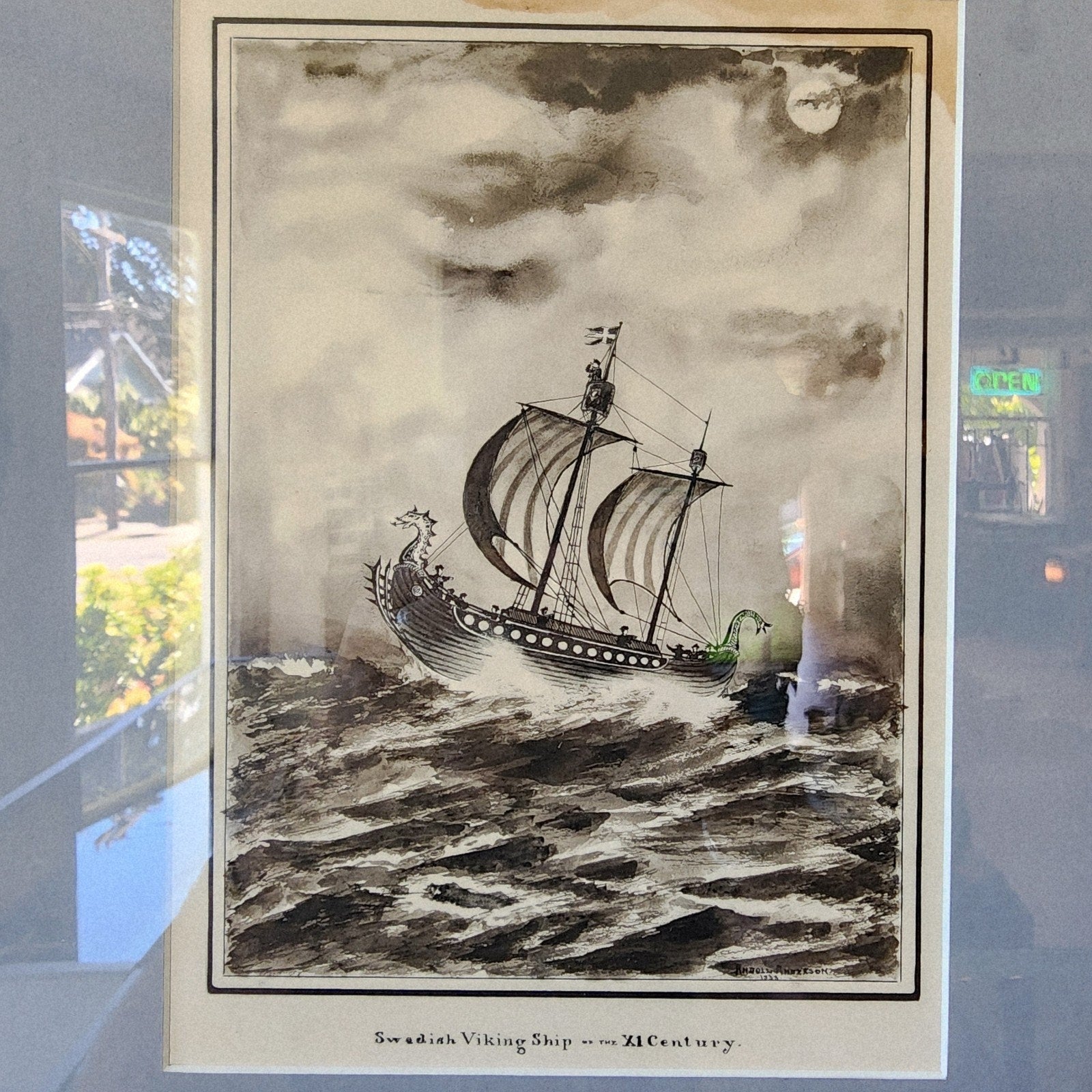 1933 Andoll Anderson Swedish Viking Ship Gouache Framed Painting