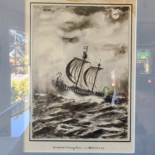 1933 Andoll Anderson Swedish Viking Ship Gouache Framed Painting