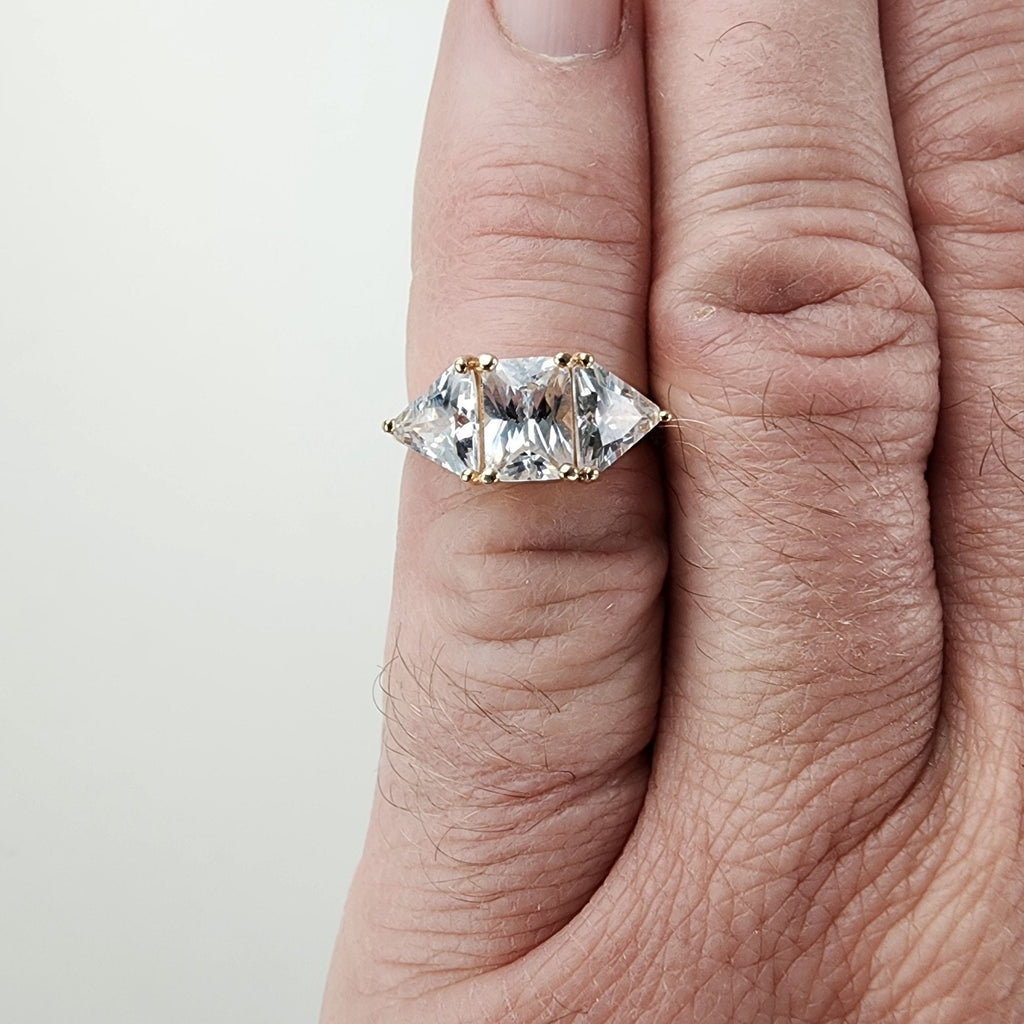 Gold Plated Triple CZ Stone Ring Size 6 Sterling Silver 925 Vintage