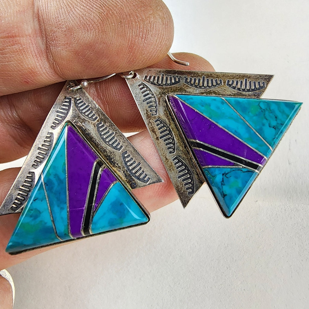 Sunwest Turquoise Inlay Stamped Earrings Sterling Silver 925 Vintage Dangle