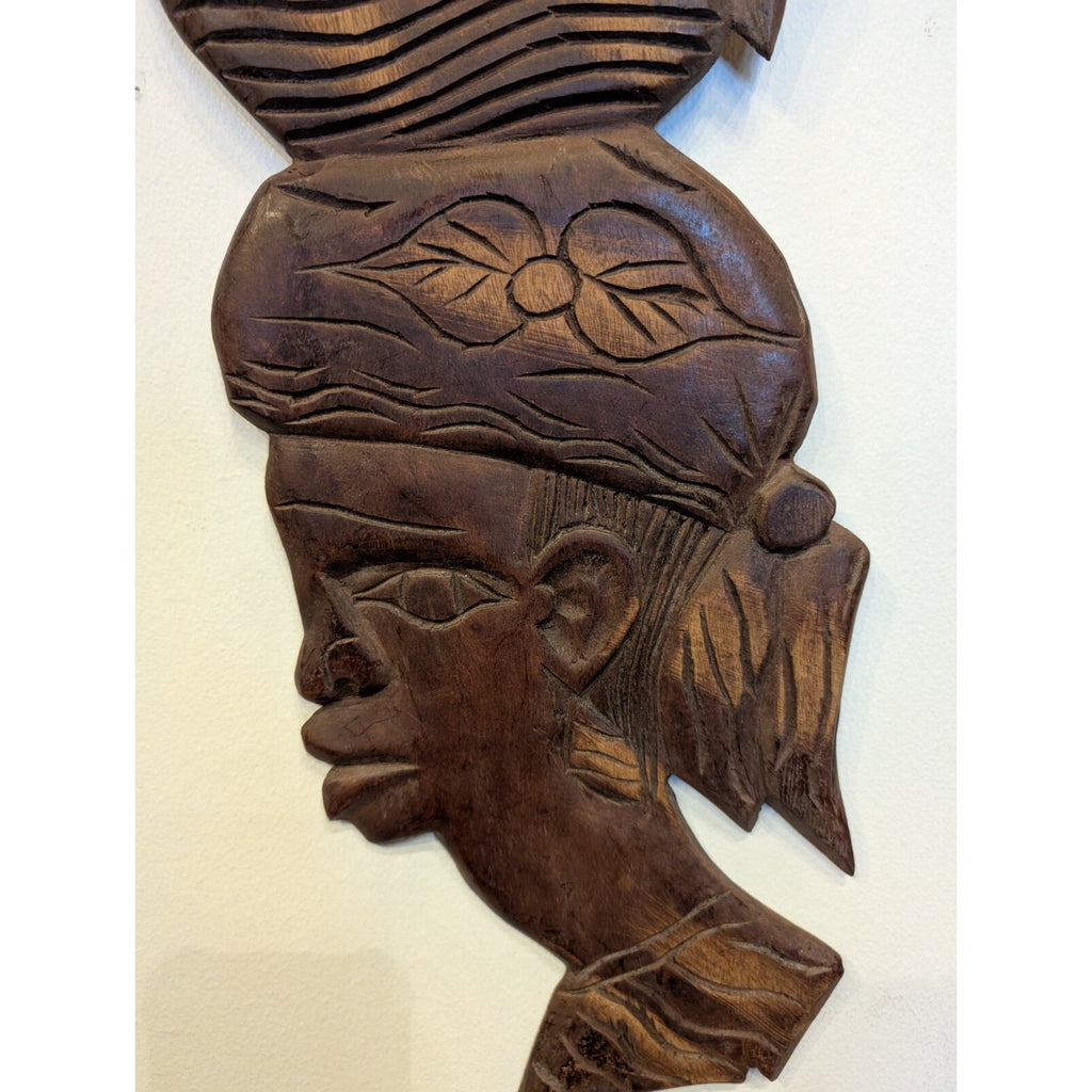 Vintage Haitian Carved Faces Pair Couple Wooden Wall Hangings