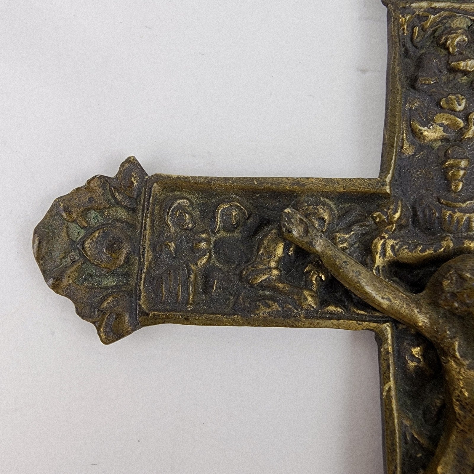 19th C European Baroque Bronze Crucifix Antique Relief Cross 7 1/2"