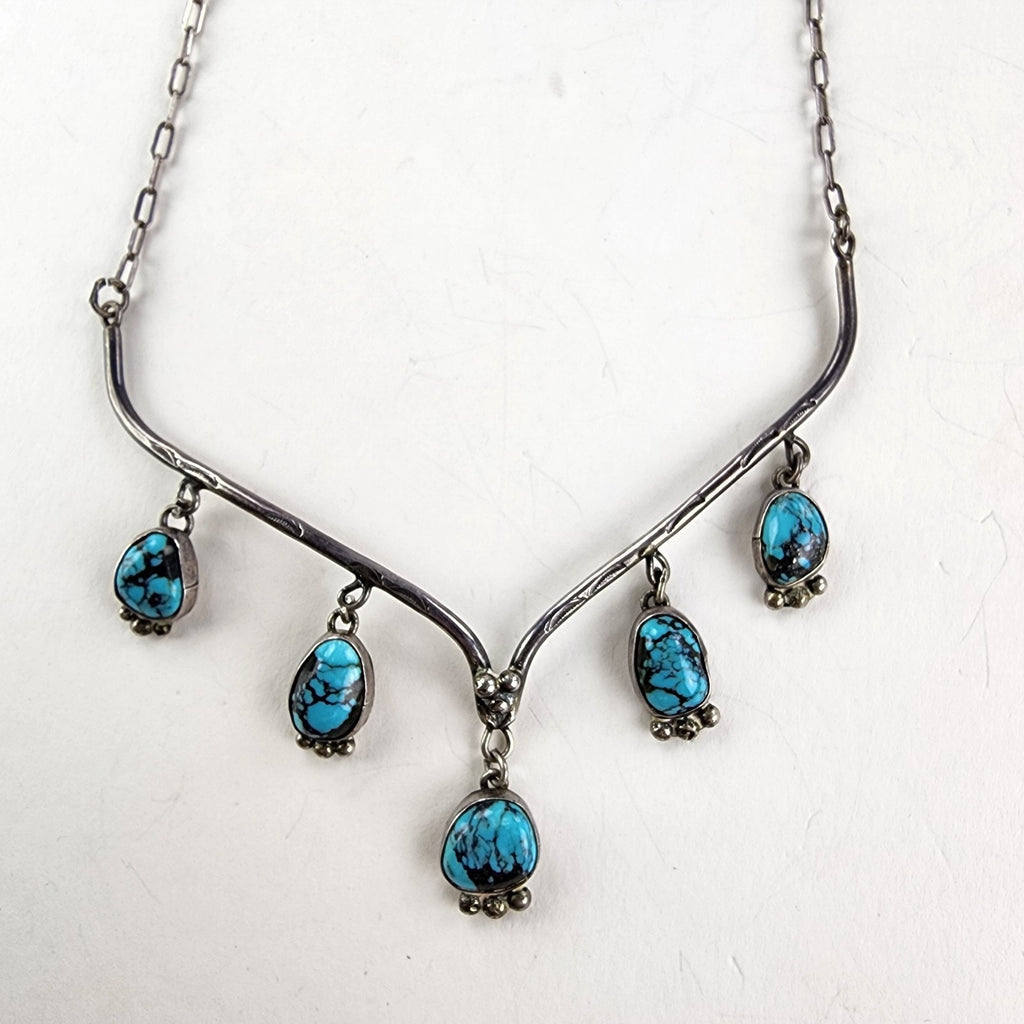 20" Turquoise Drop Native Collar Necklace Sterling Silver 925 Navajo Stamped