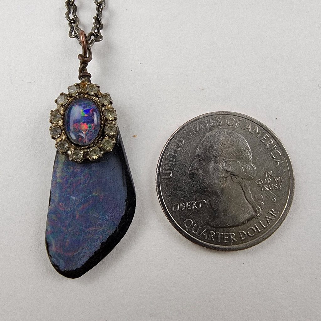 Bohemian Black Opal Necklace with Silver Tone Chain