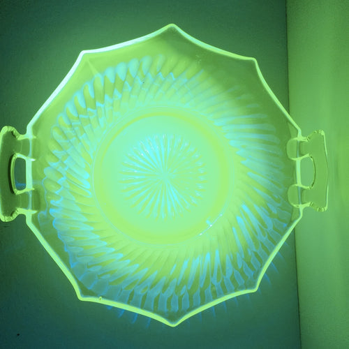 10" UV Uranium Glass Imperial Twisted Optic Handled Serving Bowl Vintage