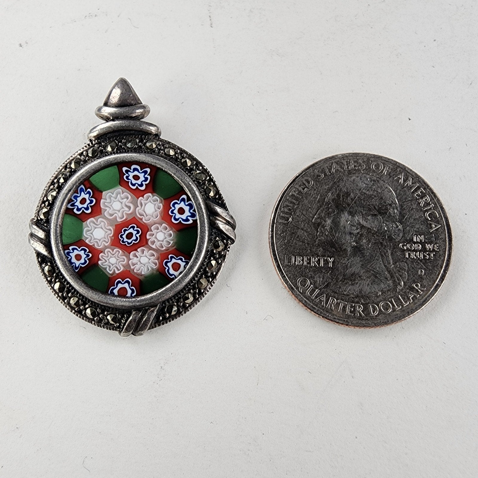 Italian Millefiori Marcasite Glass Pendant Sterling Silver 925 Vintage
