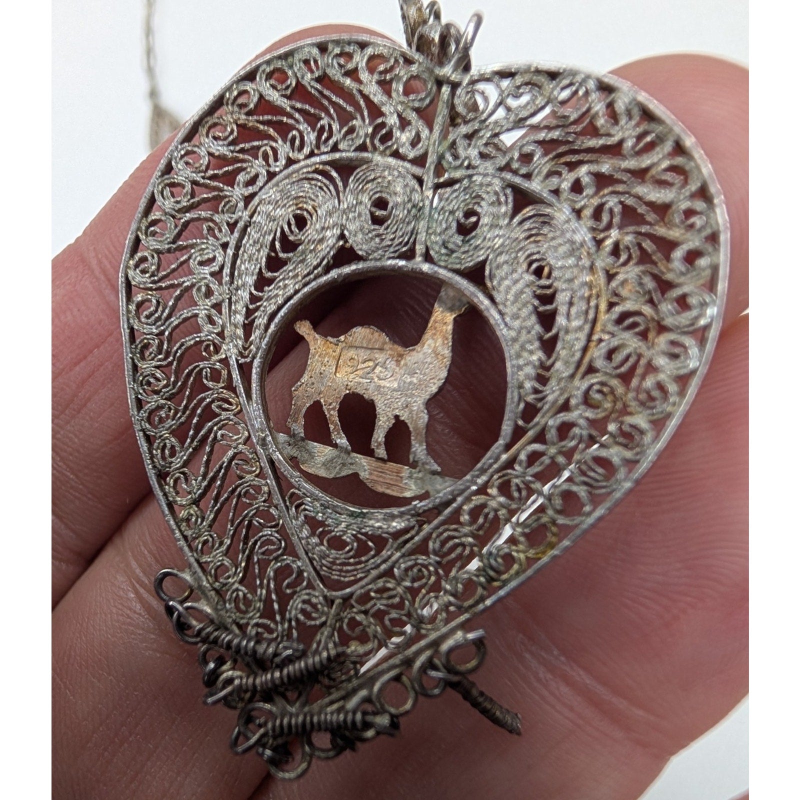 Vintage Filigree Sterling Silver 925 Heart Necklace w/ Camel 18 1/2" Tribal Peru