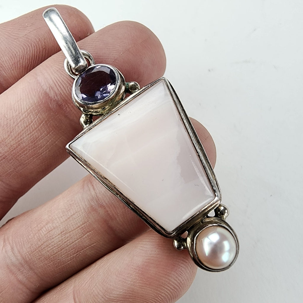 Pink Rhodonite Pearl & Amethyst Pendant Sterling Silver 925 Vintage