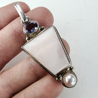 Pink Rhodonite Pearl & Amethyst Pendant Sterling Silver 925 Vintage