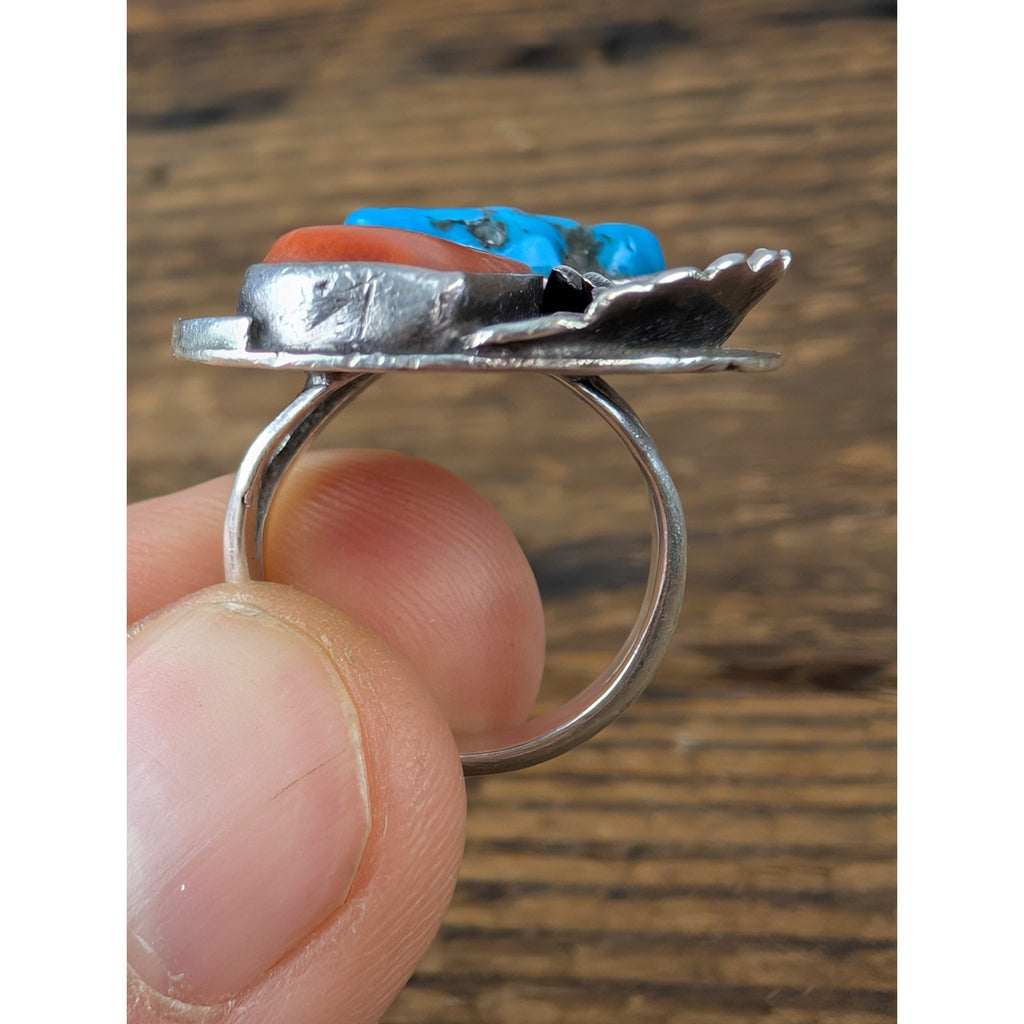 Old Pawn CORAL and TURQUOISE Sterling Silver 925 Ring Size 7