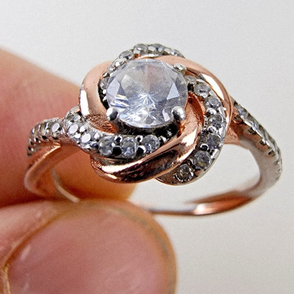 Rose Gold Plated Knotted Halo Ring Size 9 Sterling Silver 925 Vintage