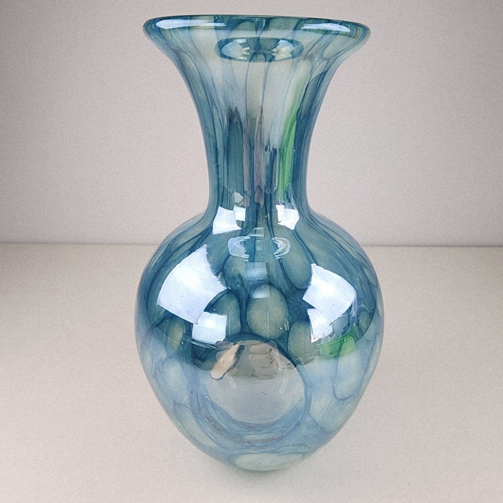 6" Blue Implosion Window Vase Art Glass Handmade Flower Bud