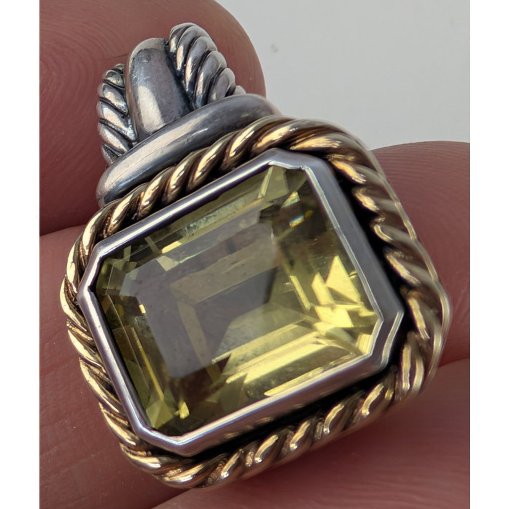 14K Yellow Gold Lemon Quartz Sterling Silver 925 Emerald Cut Vintage 5ct Pendant