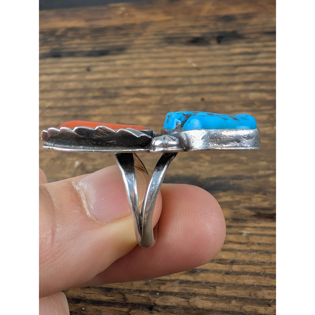 Old Pawn CORAL and TURQUOISE Sterling Silver 925 Ring Size 7