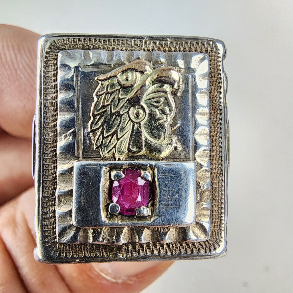 10K Gold Ruby Mayan Warrior Mexican Biker Ring Size 11 Sterling Silver 925
