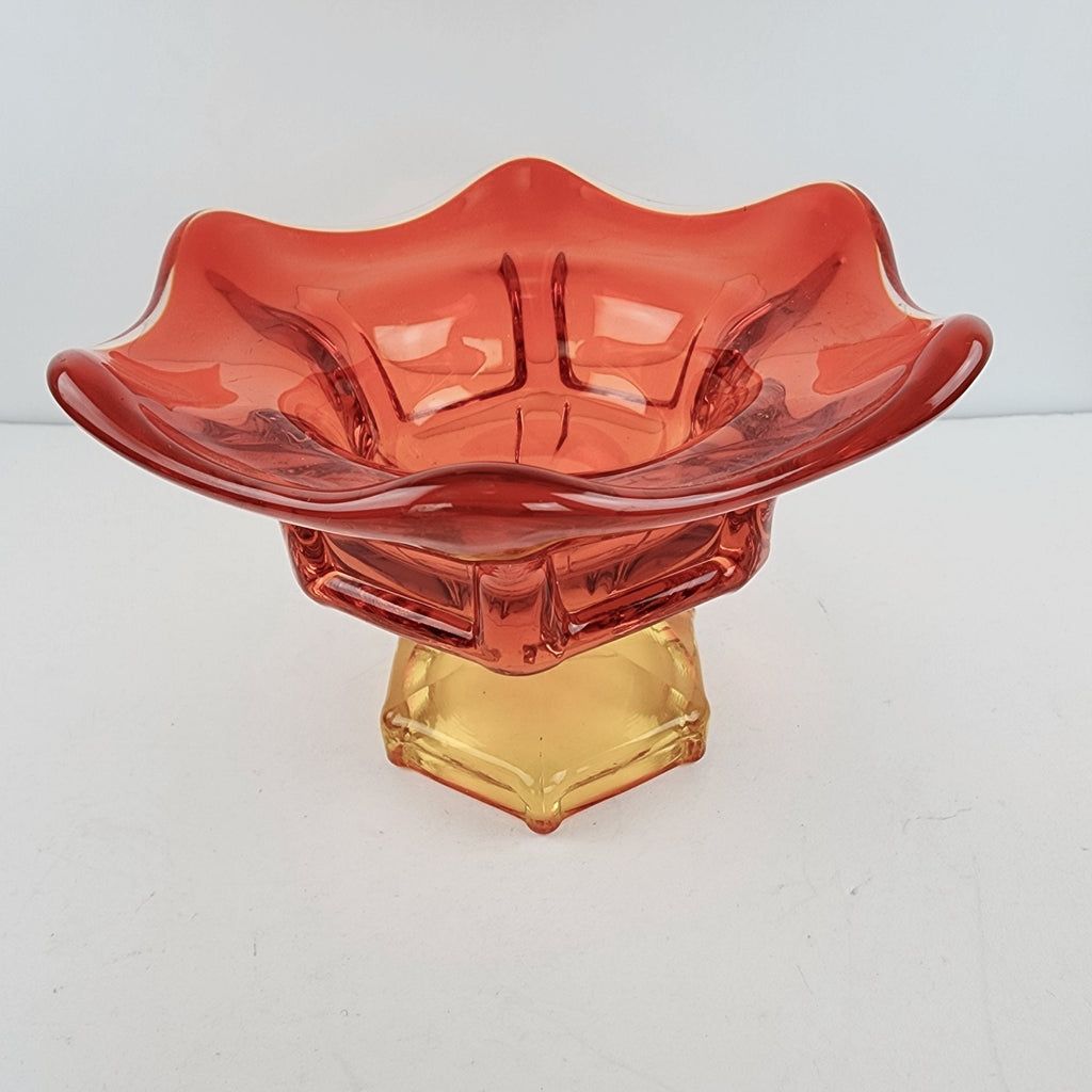 Viking Glass Epic Six Petal Amberina Flame Pedestal Bowl UV Vaseline Glass