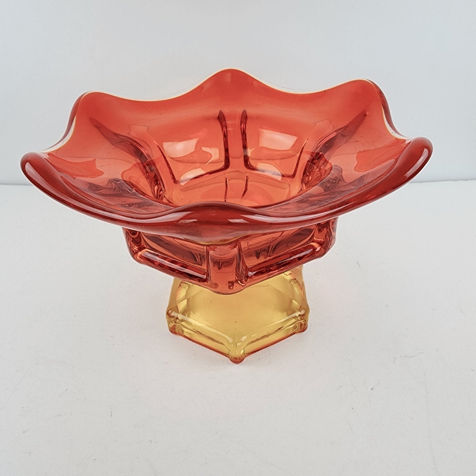 Viking Glass Epic Six Petal Amberina Flame Pedestal Bowl UV Vaseline Glass