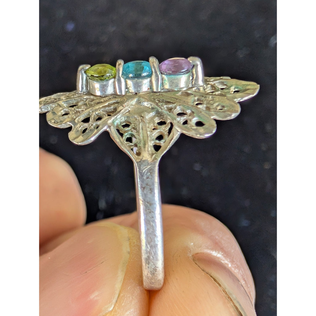 Filigree Ring in Sterling Silver 925 with Amethyst Peridot & Topaz Size 8
