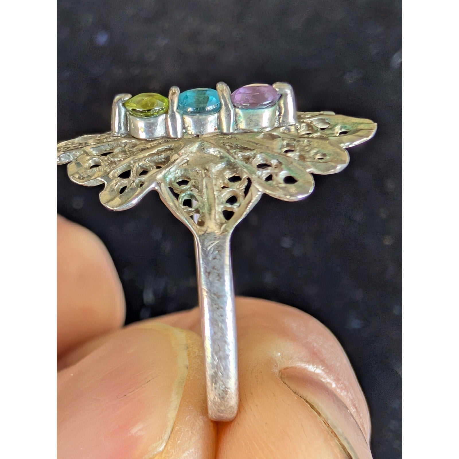Filigree Ring in Sterling Silver 925 with Amethyst Peridot & Topaz Size 8