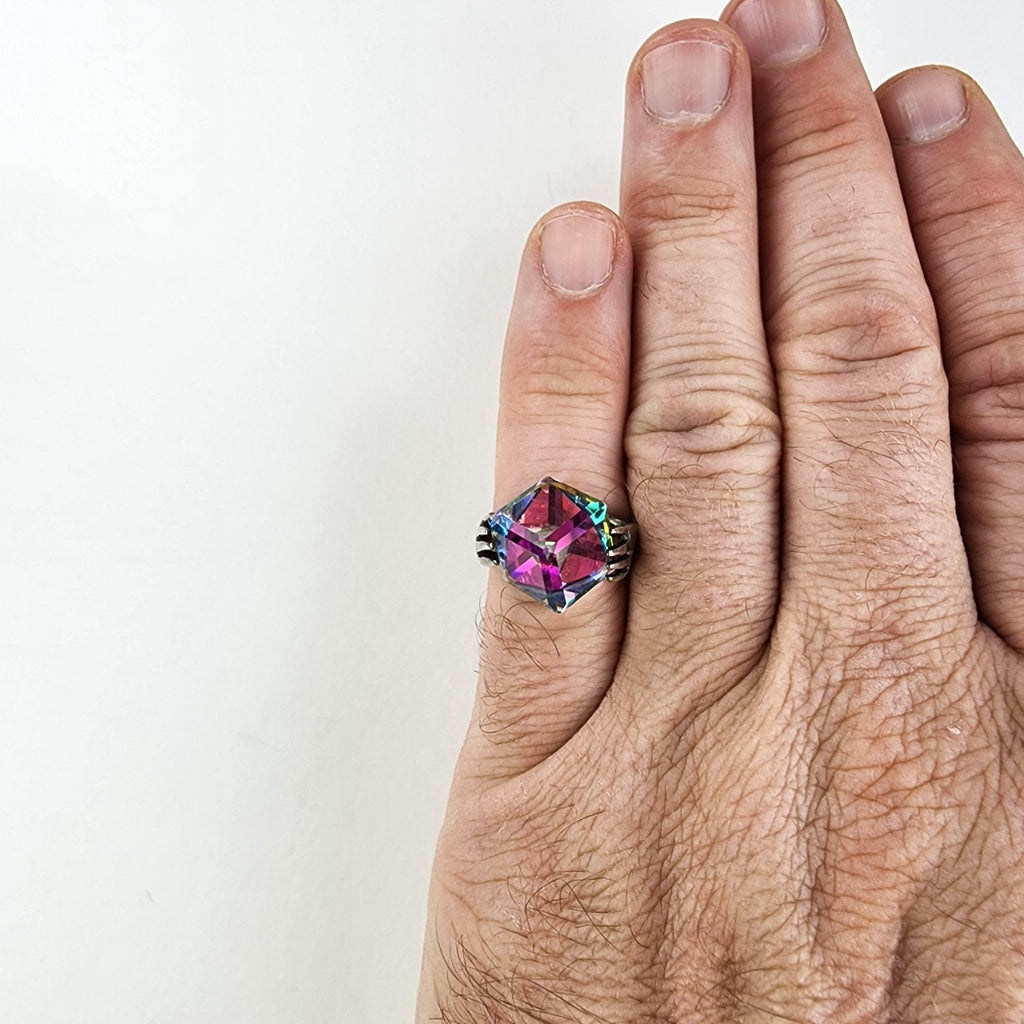 Hands w Iridescent Dichroic Cube Ring Size 7 1/2 Sterling Silver 925 Modernist